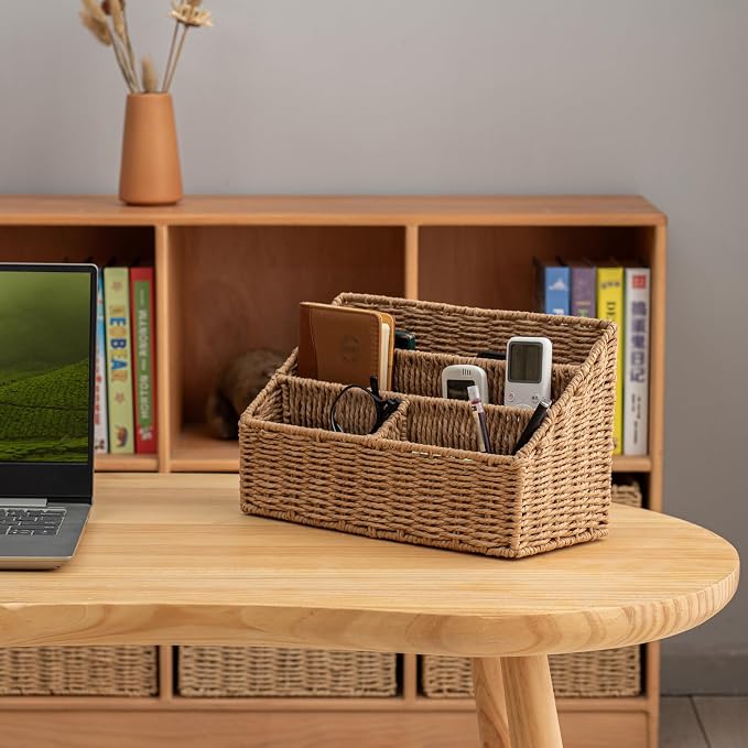 Woven Divided Storage Basket Desk Organizer Tabletop Mail Holder Countertop - Image 5