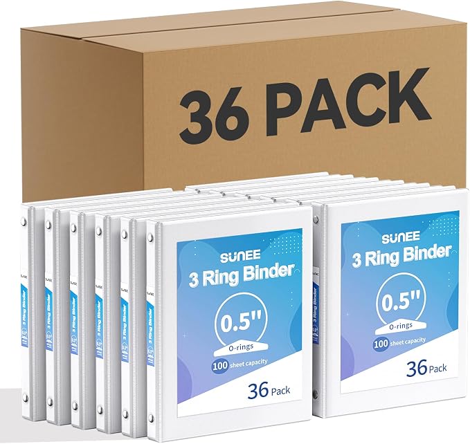 SUNEE White Binders 1/2 Inch 36 Pack Bulk by SUNEE