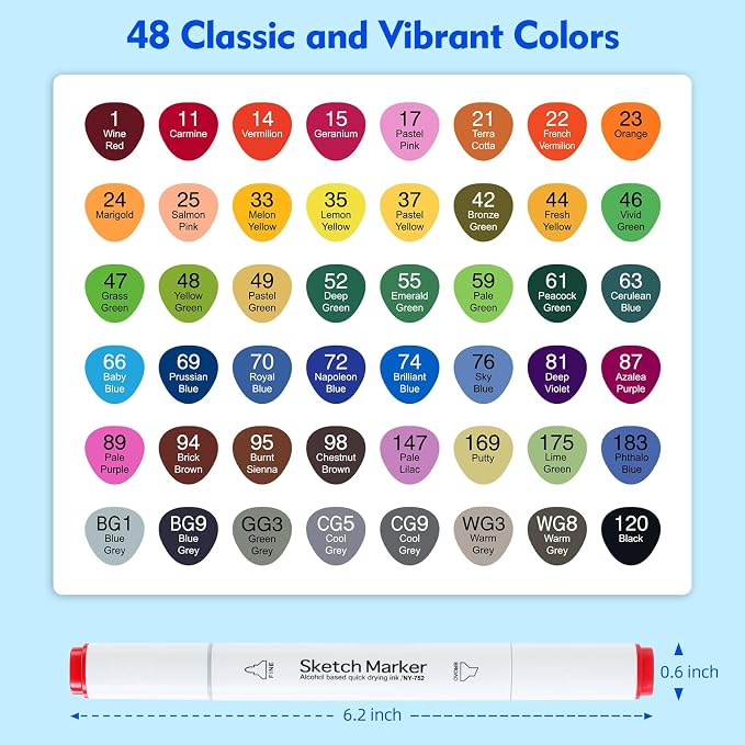 HOMESILMO-48 Color Double Head Alcohol Marker Set, Fine Chisel, Dual Effect - Image 4