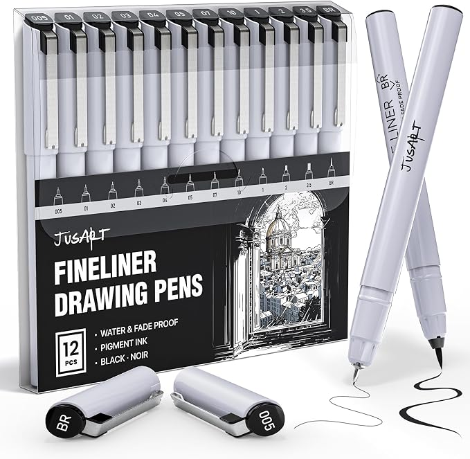 JusArt Fineliner Pens, Ultra Fine, Brush & Chisel, 12 Size, Waterproof Black by JusArt%7CCreativeArtSupplies