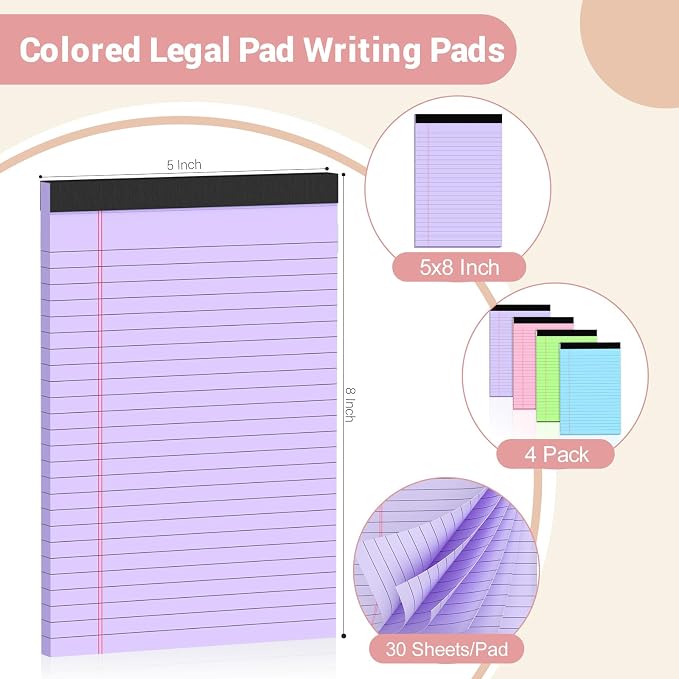 Legal Pads 5x8 Colored Note Pads, 4 Pack College Ruled Notepads 5x8 Lined Paper - Image 2