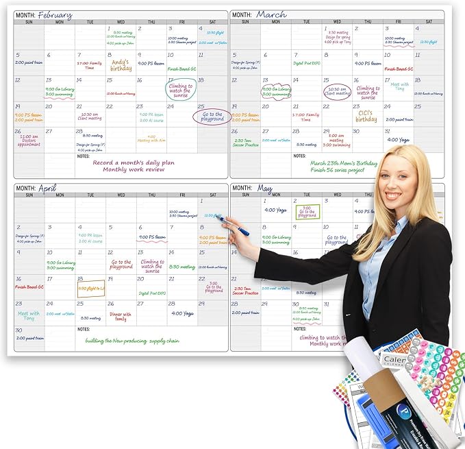 Dry Erase Four Month Laminated Jumbo Wall Calendar, Huge Quarterly Laminated by PartyFunny