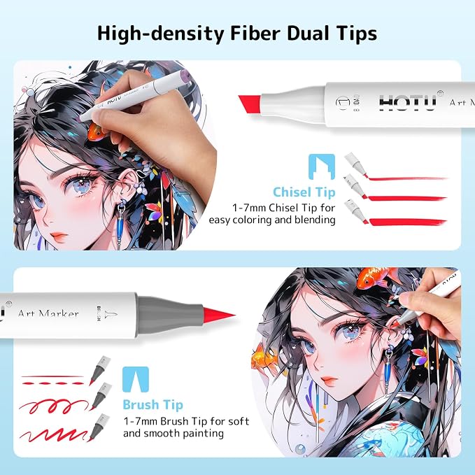HOTU Alcohol Markers Brush Tip -60 Virant Colors Daul Tips Art Markers Set - Image 3