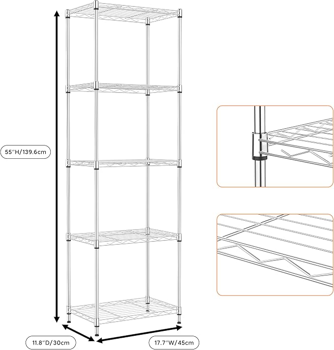 M MZG 5 Tiers Shelf Metal Storage Shelves Wire Rack Closet Organizers - Image 3