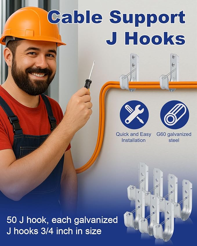 AOKLIT 100 Pcs 2" Galvanized Steel J-Hooks, Heavy Duty Wall Mount Cable Support - Image 3