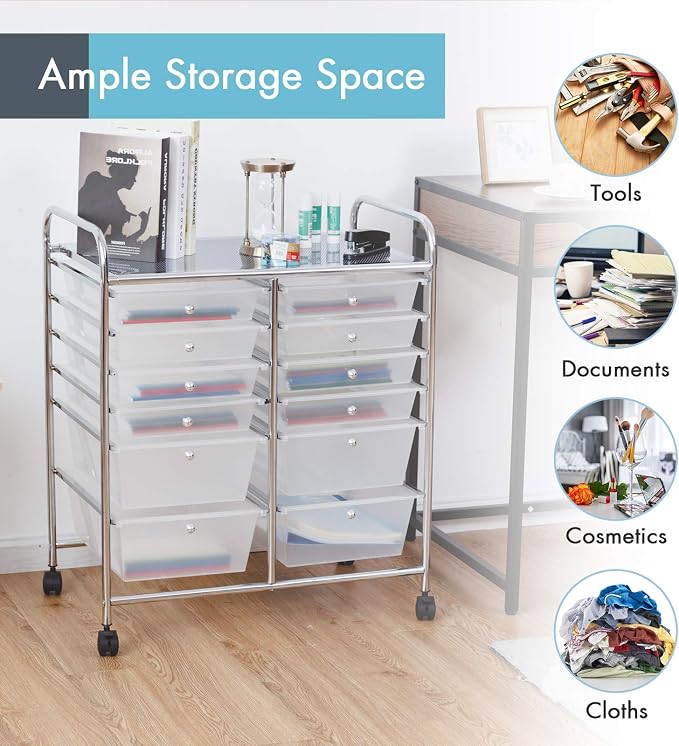 LDAILY 12 Drawer Rolling Storage Cart, Craft Cart Organizer on Wheels w/Metal - Image 4