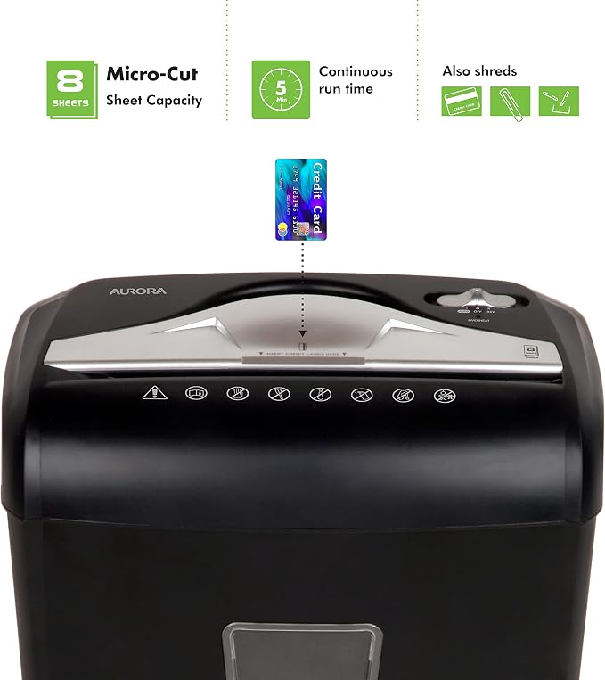 Aurora High-Security 8-Sheet Micro-Cut Paper Credit Card Shredder Black - Image 2