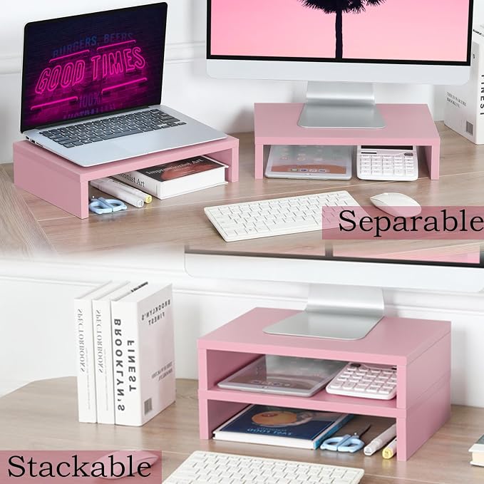 TEAMIX Pink Monitor Stand Riser-2 Pack, Wood 2 Tier Adjustable Monitor Stand - Image 3