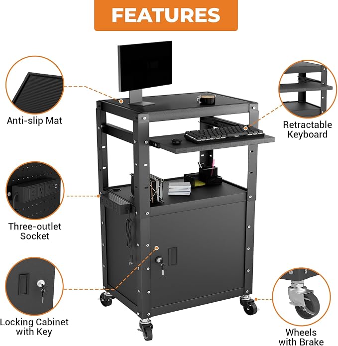 Mobile AV Cart with Cabinet, Rolling Computer Cart Height Adjustable Rolling - Image 4