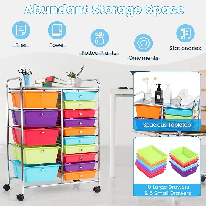COSTWAY 15 Drawer Rolling Storage Cart, Utility Tools Paper Organizer on Wheels - Image 4