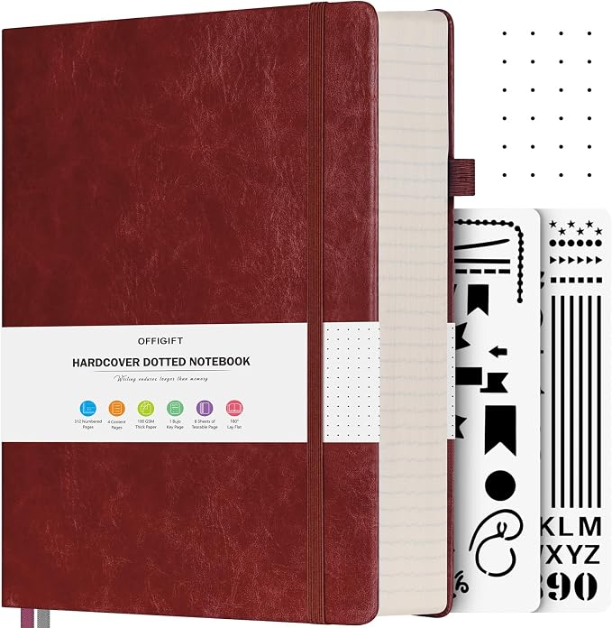 OFFIGIFT Dotted Journal Notebook, 312 Numbered Pages Large B5 Hardcover Leather by OFFIGIFT