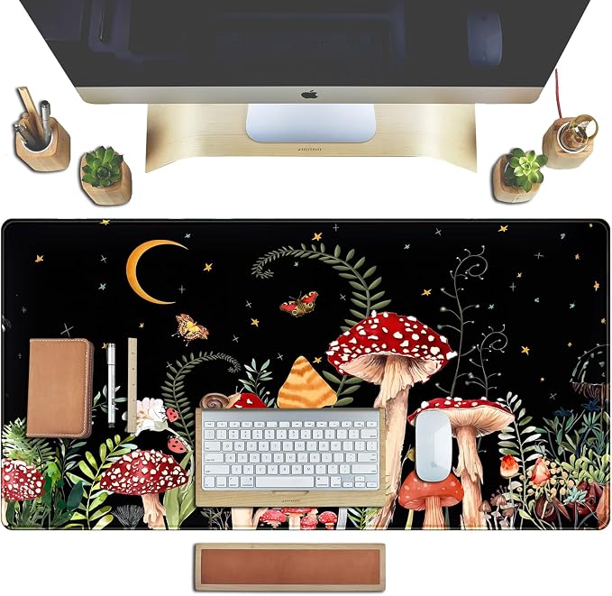 Ferns Leaves Cute Mushrooms Desk Mat Kawaii Green Plants Mouse Pad Xl Mat Large - Image 4