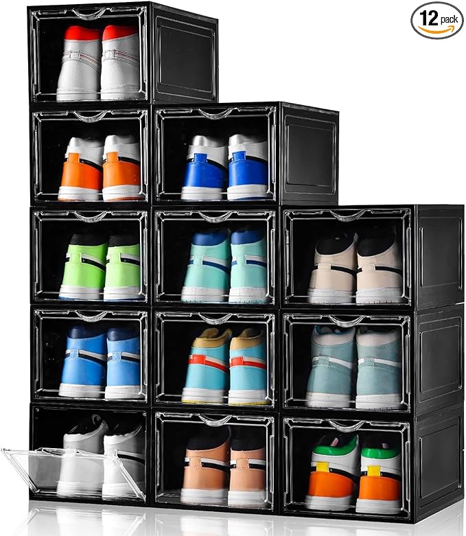 Clemate Upgraded X-Large Shoe Storage Box, 12 Pack, Shoe Box Clear Plastic by Clemate