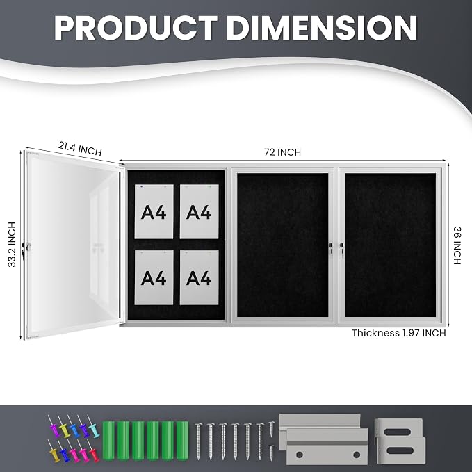 72"x36" Lockable Enclosed Bulletin Board, Outdoor Flet Weather-Resistant - Image 4