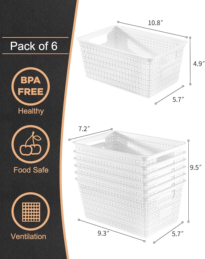 Plastic Storage Baskets For Organizing, 6 Pack Organization and Storage - Image 2