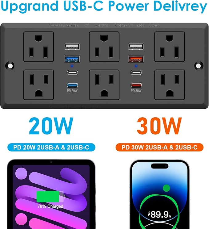 Recessed Power Strip, 30W PD USB-C & USB-A Fast Charging, Drawer Outlet Plug in - Image 3