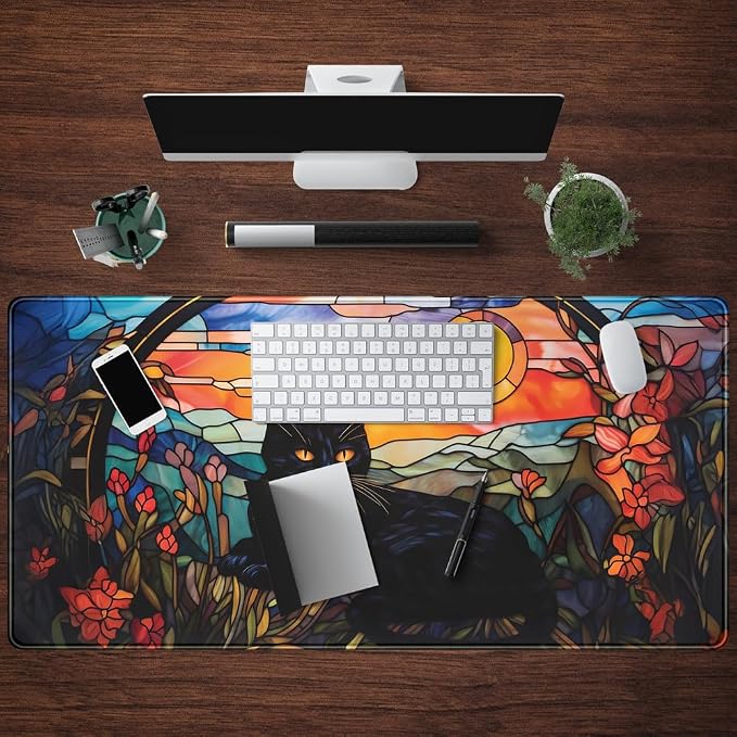 Black Cat Desk Mat Vintage Sunset Desk Mouse Keyboard Pad, XXL Large Mouse Pad - Image 4