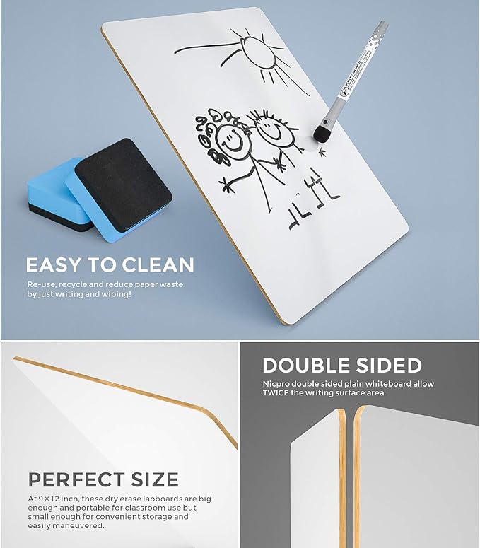 Nicpro Dry Erase Lap Board 9 x 12 inches 2 Pack Double Sided Blank Small - Image 3