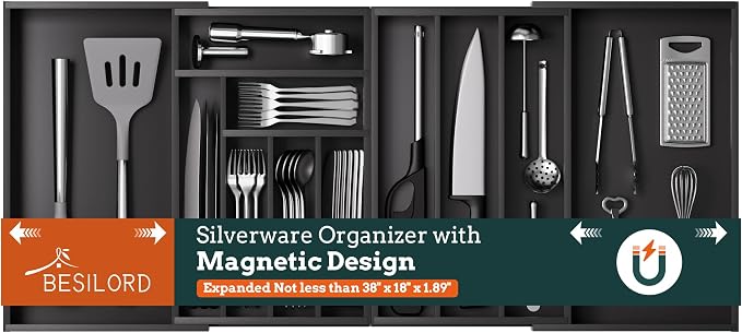 Silverware Organizer Large, Magnetic Connected Expandable 11 Slots Silverware by Besilord