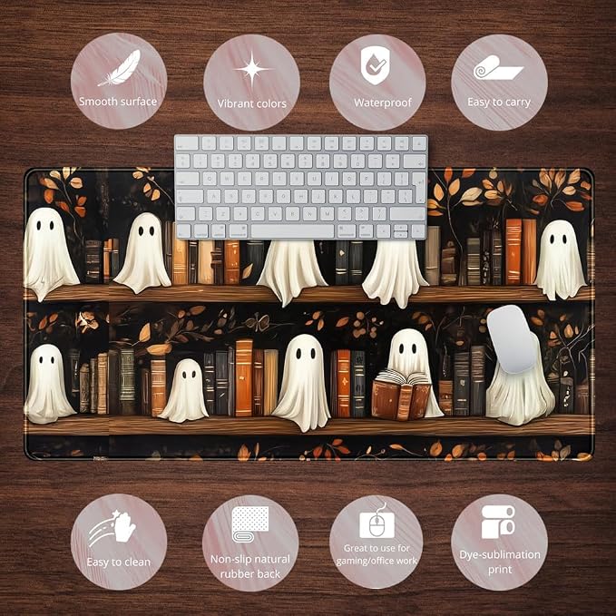 Cute Ghost Desk Mat Bookish Desk Pad XXL Mouse Keyboard Pad, Dark Academia Desk - Image 6