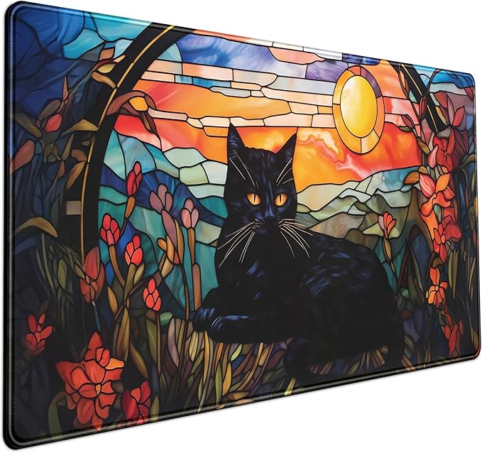 Black Cat Desk Mat Vintage Sunset Desk Mouse Keyboard Pad, XXL Large Mouse Pad by Mechanical+Cattle