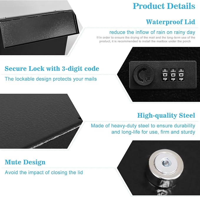 xydled Mail Boxes with Combination Lock, Locking Mailbox Wall Mounted, Security - Image 5