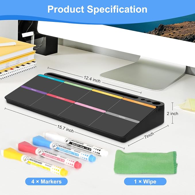 Desktop Glass Whiteboard with Storage, Colorful Weekly Calendar Desk Dry Erase - Image 5