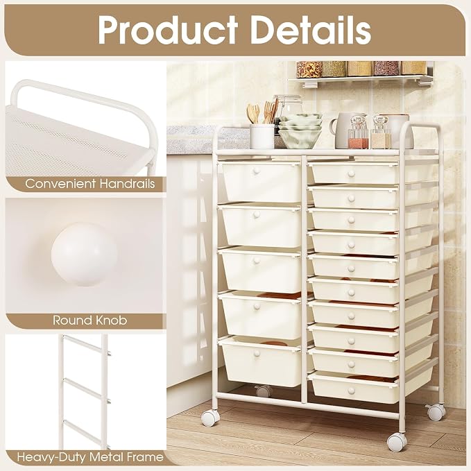 COSTWAY 15-Drawer Rolling Storage Cart, Mobile Utility Cart - Image 6