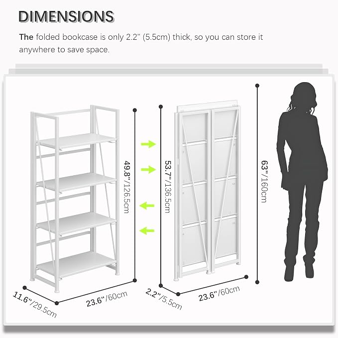 4NM No Assembly Folding Bookshelf Storage Shelves 4 Tiers Vintage Bookcase - Image 2