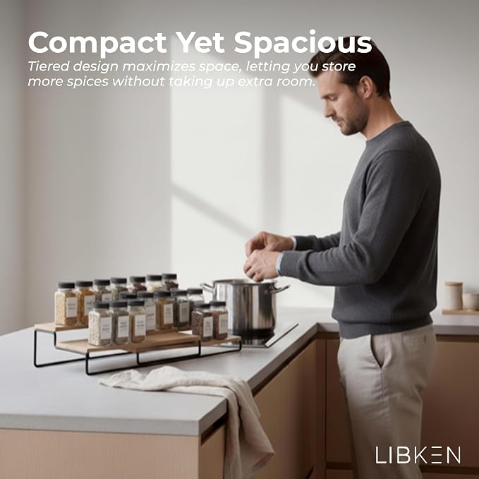LIBKEN Tiered Spice Rack Organizer – Wood & Metal Countertop & Cabinet Spice - Image 5