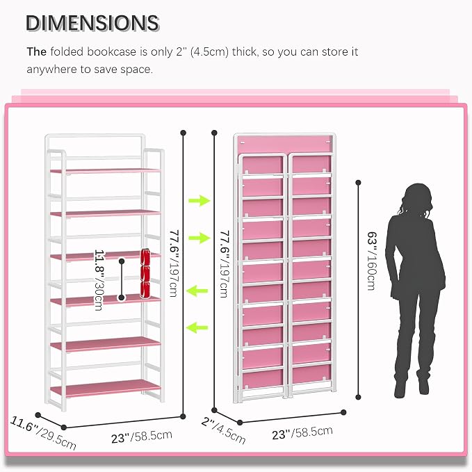 4NM No Assembly 6 Tiers Folding Bookshelf Storage Shelves Vintage Bookcase - Image 2