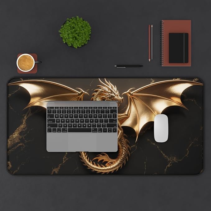 Golden Dragon Black Marble Desk Mat | Luxury Gaming Mouse Pad, Large Non-Slip - Image 3
