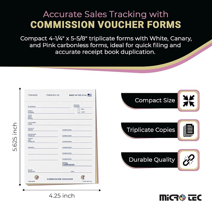 Commission Voucher Book CV-59-3 Part Carbonless Forms, Triplicate NCR Receipt - Image 3