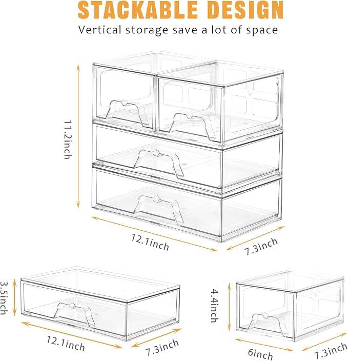 Stebopum 4 Pack Stackable Storage Drawers Clear Acrylic Organizer Bathroom - Image 2