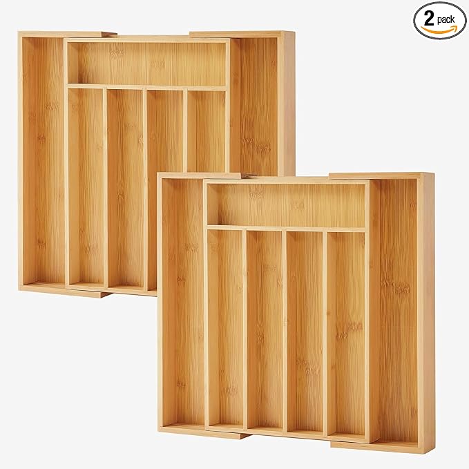 oridom 2-Piece Bamboo Silverware Organizer, Expandable Kitchen Drawer Organizer by oridom