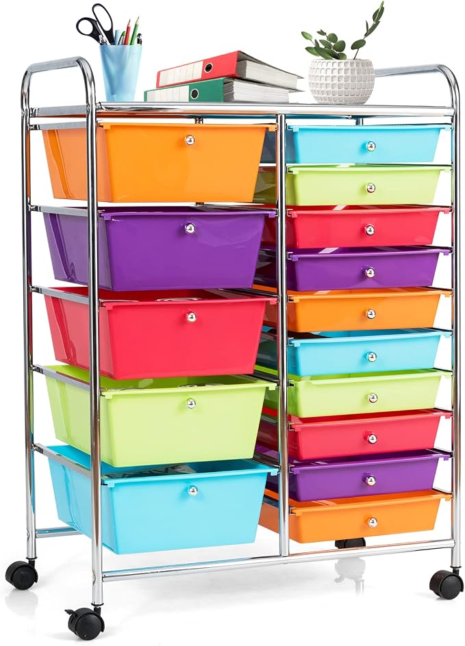 COSTWAY 15 Drawer Rolling Storage Cart, Utility Tools Paper Organizer on Wheels by COSTWAY