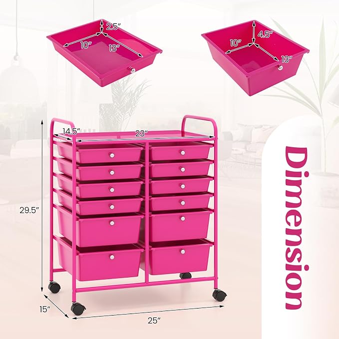 LDAILY 12 Drawer Rolling Storage Cart, Craft Cart Organizer on Wheels w/Metal - Image 3