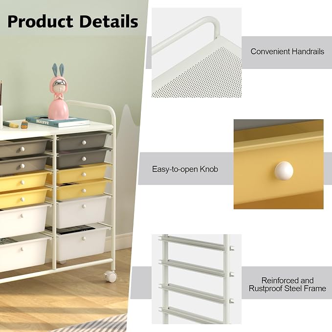 LDAILY 12 Drawer Rolling Storage Cart, Craft Cart Organizer on Wheels w/Metal - Image 7