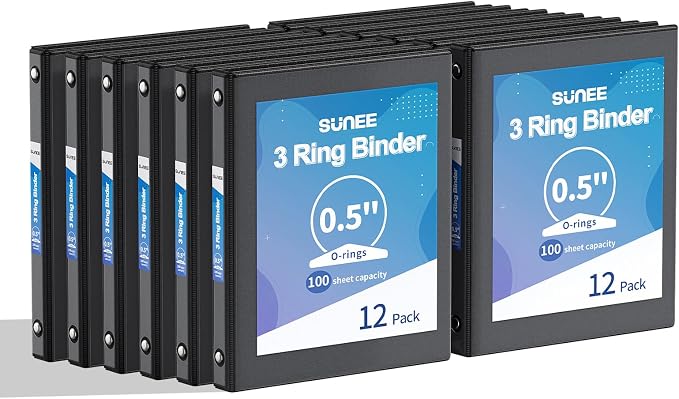 SUNEE 3 Ring Binders 1/2 Inch 12 Pack by SUNEE