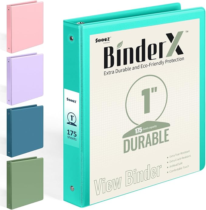 BinderX Extra Durable 3 Ring Binder, Round Rings 1 Inch Binder, Fits 175 Sheets by Sooez