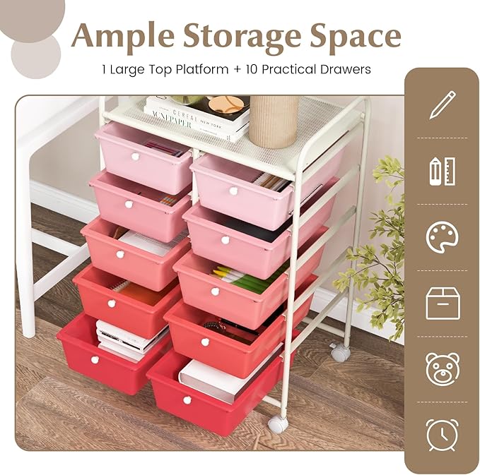 GOFLAME 10-Drawer Rolling Storage Cart, Art Craft Storage Organizer on Wheels - Image 4