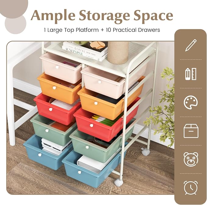 GOFLAME 10-Drawer Rolling Storage Cart, Art Craft Storage Organizer on Wheels - Image 4