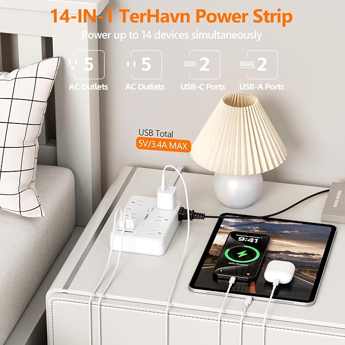 Surge Protector Power Strip-TerHavn 15 FT Flat Extension Cord ，10 AC Outlets & - Image 2