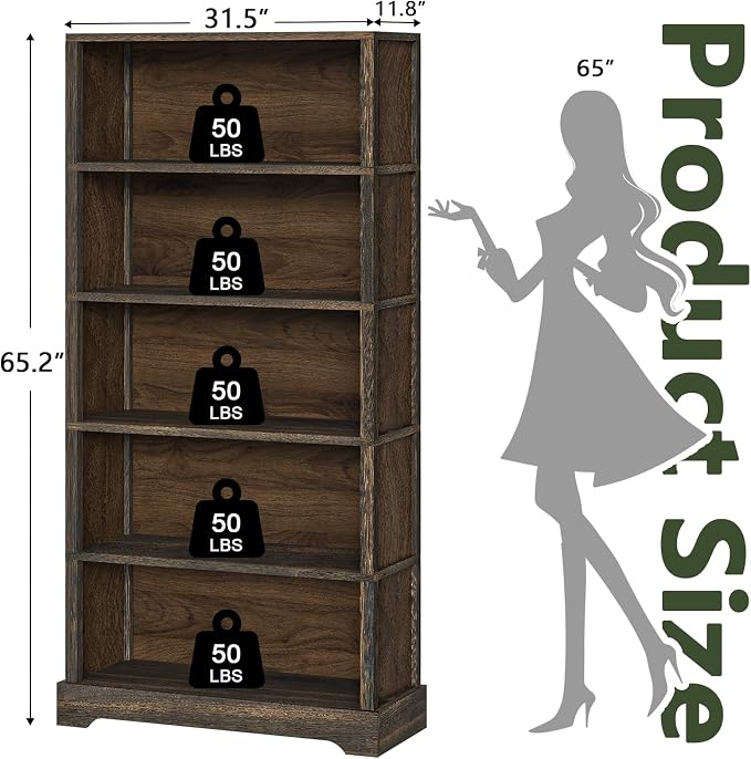 TVU 5-Tier Solid Wood Book Shelf, Floor Standing Bookcase, Farmhouse Style Book - Image 3
