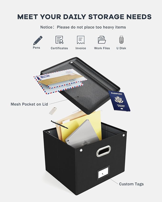 Oterri File Organizer Box with Lid, Large Hanging Filing Box with Mesh Pocket - Image 4
