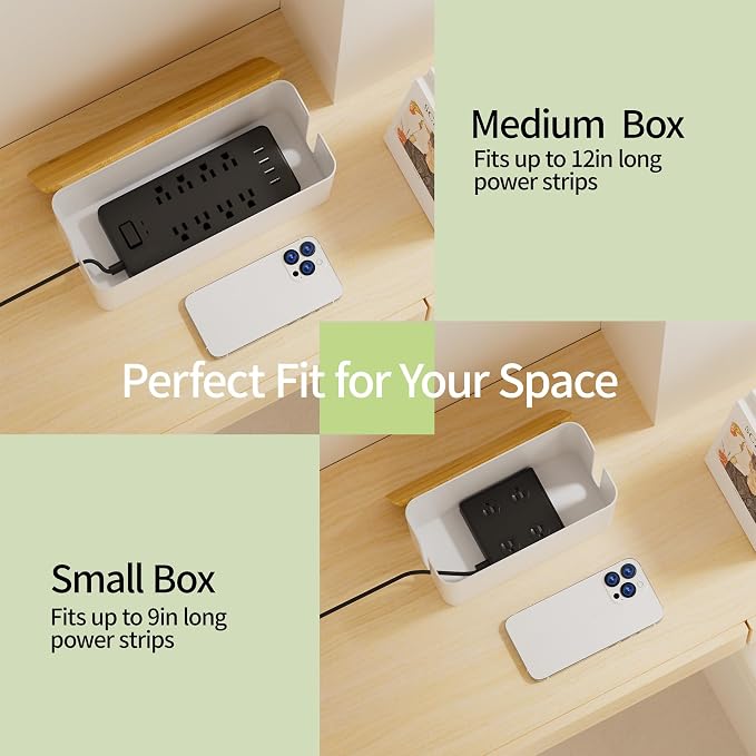 YECAYE 2 Pack Cable Management Box, Wooden Lid & Plastic Body, Medium and Small - Image 3