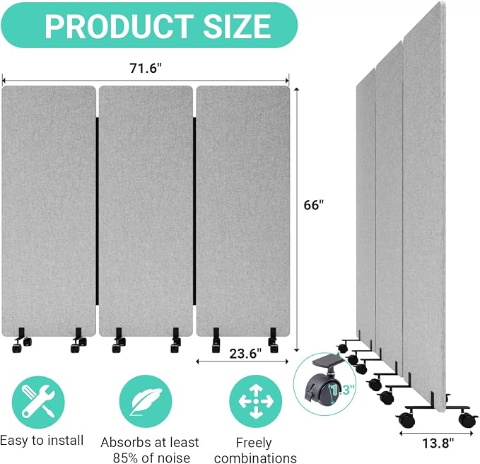 Soundproof Room Divider W/Wheels, 66in Office Dividers - Image 4