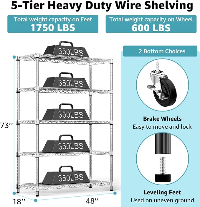 M MZG 5-Shelf Storage Shelves, Wire Shelving Heavy Duty Metal Storage Shelving - Image 3