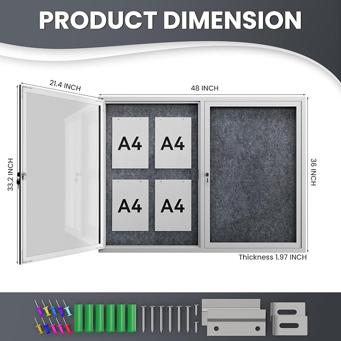 48"x36" Lockable Enclosed Bulletin Board, Outdoor Flet Weather-Resistant - Image 4