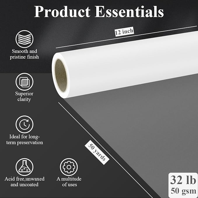 SuFly Tracing Paper Roll, 12 Inch x 50 Yards Trace Paper Roll, 32 lb White Art - Image 2